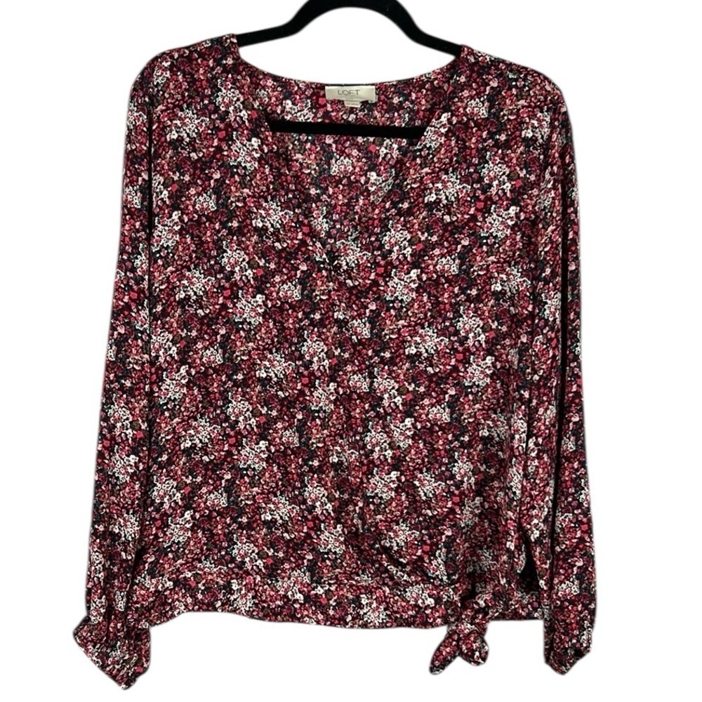 Loft Ditsy Floral Faux Wrap Tie Front Long Sleeve Blouse Large Petite Red